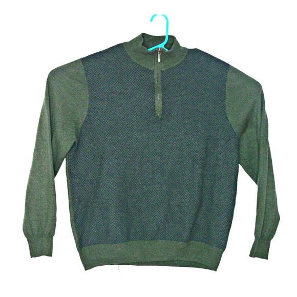 Alan Flusser Merino Wool Blend Mens Pullover Sweater Green Blue Quarter Zip XXL - Picture 1 of 12
